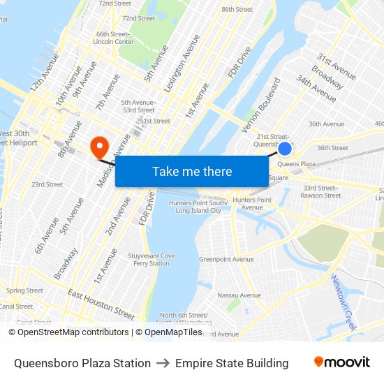 Queensboro Plaza Station to Empire State Building map