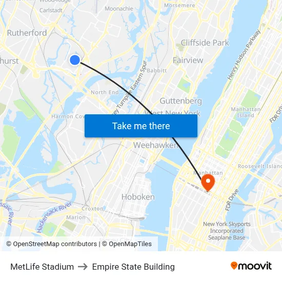 MetLife Stadium to Empire State Building map