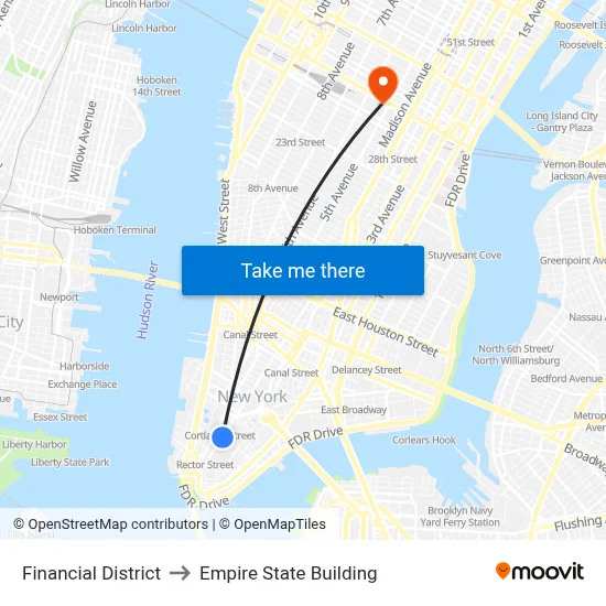 Financial District to Empire State Building map