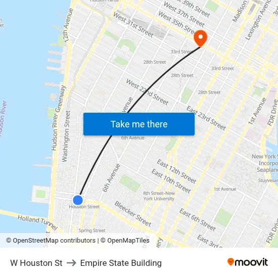 W Houston St to Empire State Building map