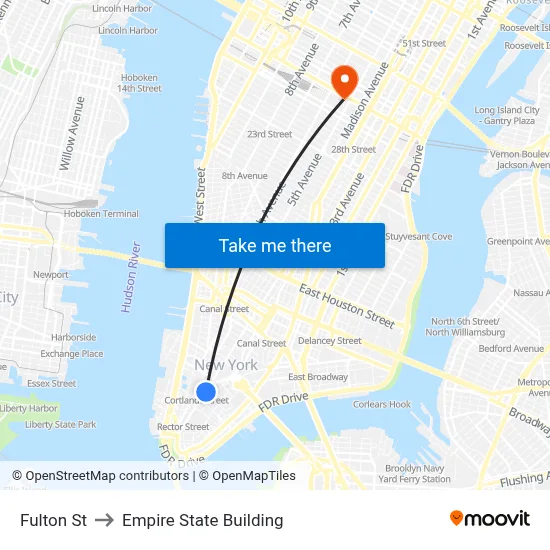 Fulton St to Empire State Building map