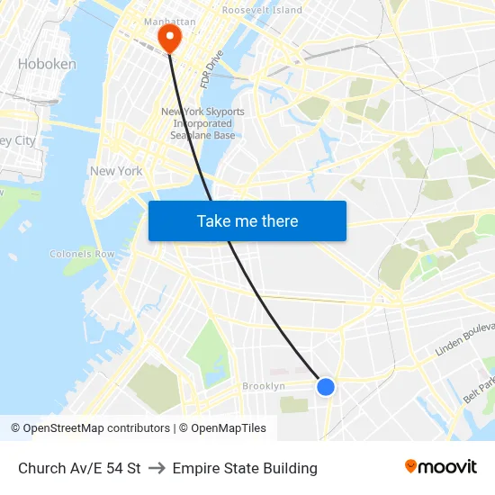 Church Av/E 54 St to Empire State Building map