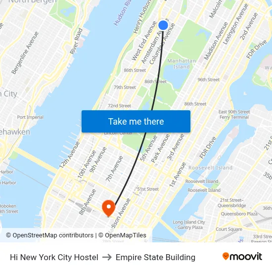 Hi New York City Hostel to Empire State Building map