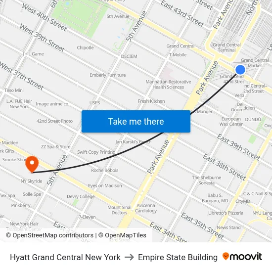 Hyatt Grand Central New York to Empire State Building map