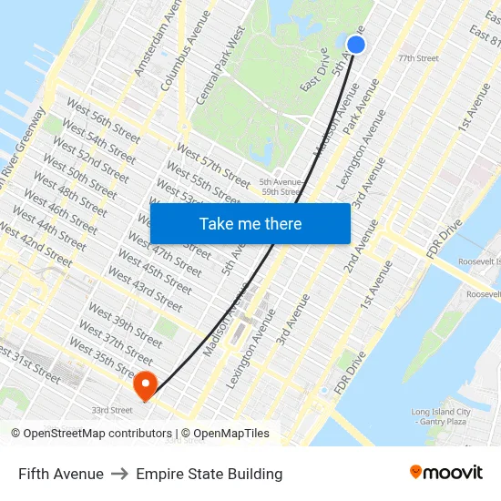 Fifth Avenue to Empire State Building map