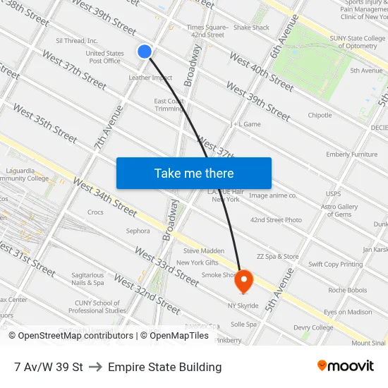 7 Av/W 39 St to Empire State Building map