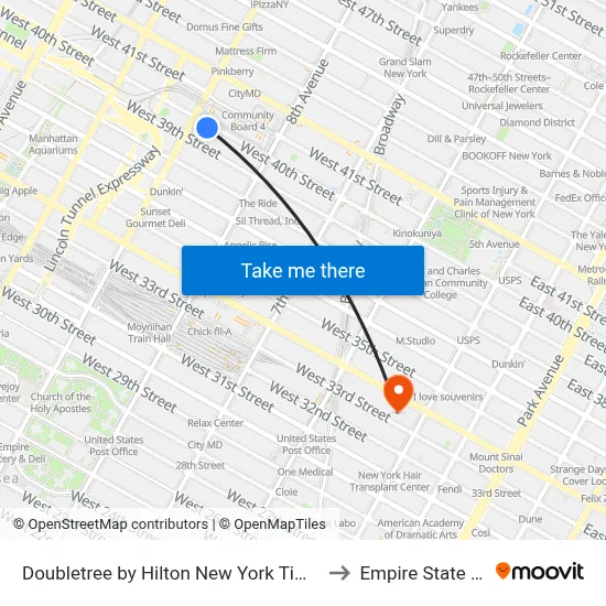 Doubletree by Hilton New York Times Square West to Empire State Building map