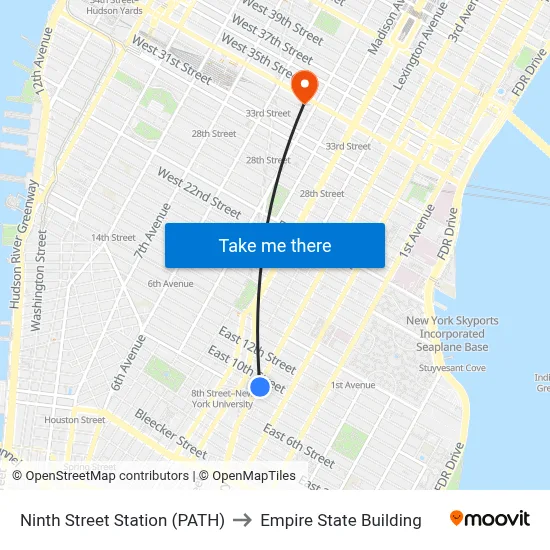 Ninth Street Station (PATH) to Empire State Building map