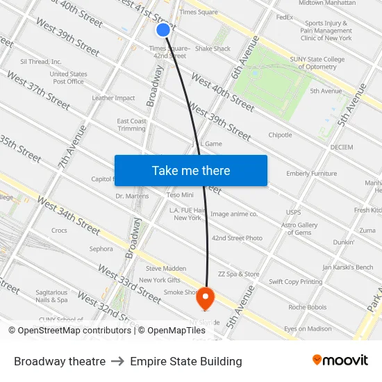 Broadway theatre to Empire State Building map
