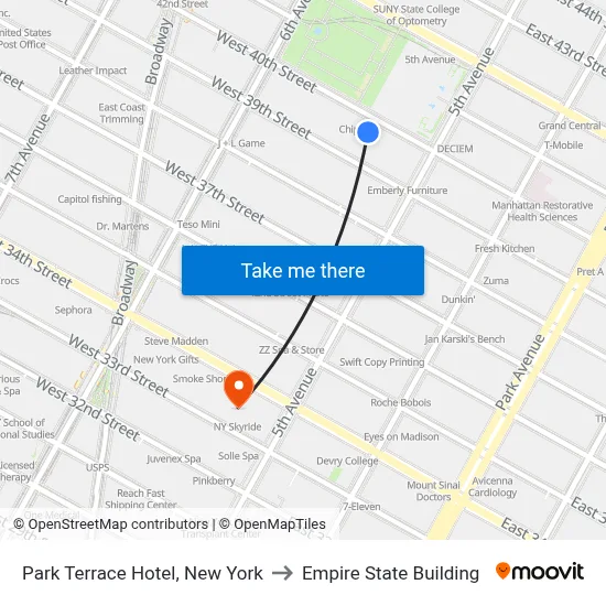 Park Terrace Hotel, New York to Empire State Building map