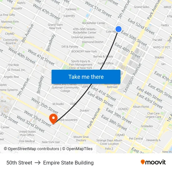 50th Street to Empire State Building map