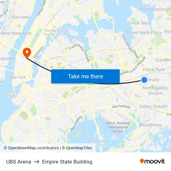 UBS Arena to Empire State Building map