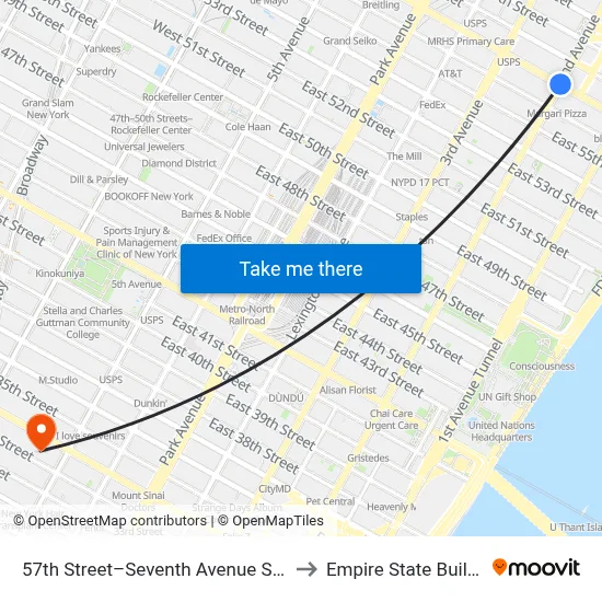 57th Street–Seventh Avenue Station to Empire State Building map