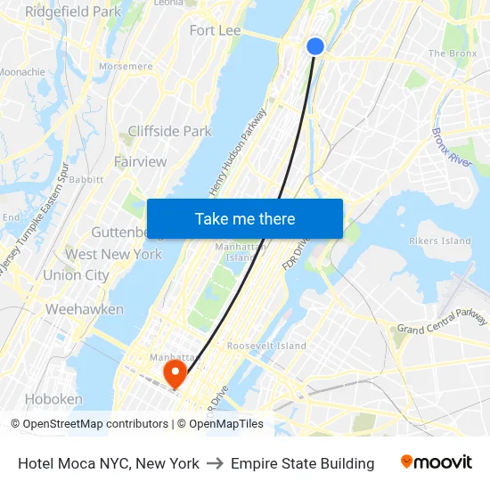 Hotel Moca NYC, New York to Empire State Building map