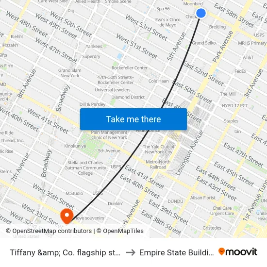 Tiffany &amp; Co. flagship store to Empire State Building map
