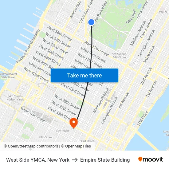West Side YMCA, New York to Empire State Building map