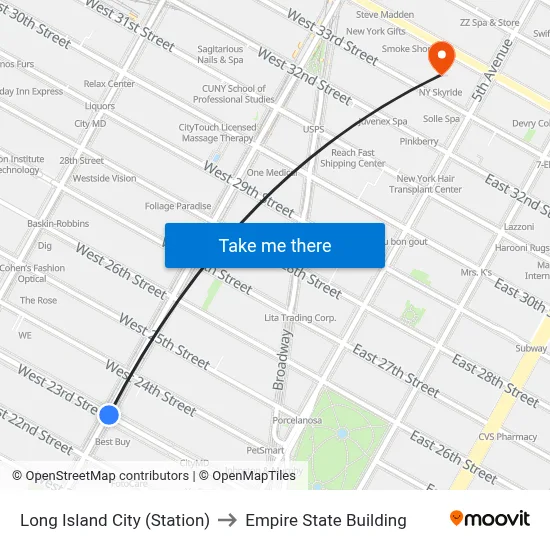 Long Island City (Station) to Empire State Building map
