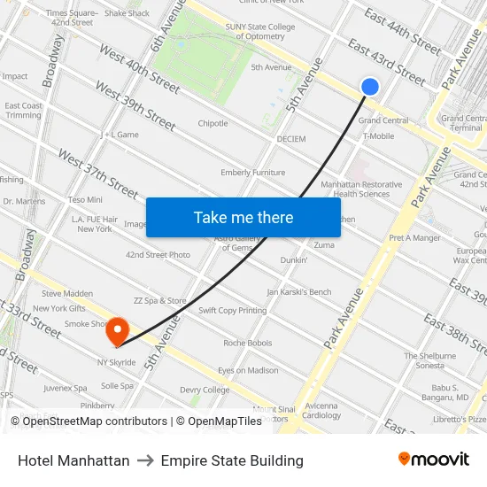 Hotel Manhattan to Empire State Building map