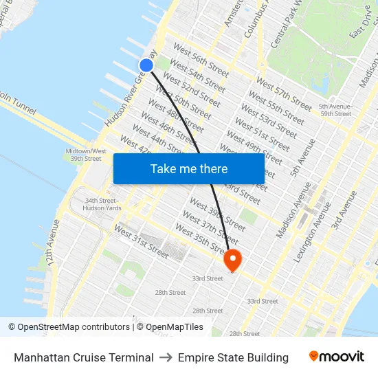 Manhattan Cruise Terminal to Empire State Building map