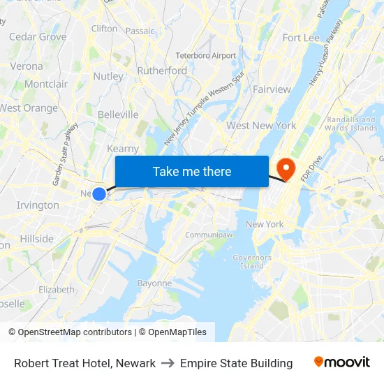 Robert Treat Hotel, Newark to Empire State Building map