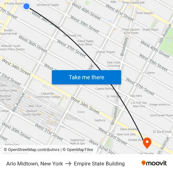 Arlo Midtown, New York to Empire State Building map