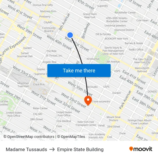 Madame Tussauds to Empire State Building map