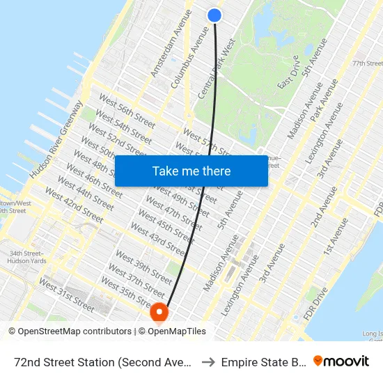 72nd Street Station (Second Avenue Subway) to Empire State Building map