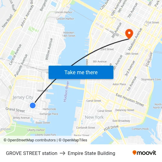 GROVE STREET station to Empire State Building map