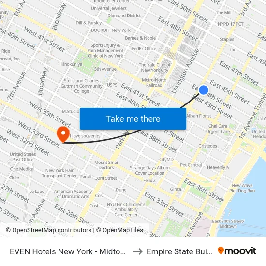EVEN Hotels New York - Midtown East, 221 E 44th St to Empire State Building map