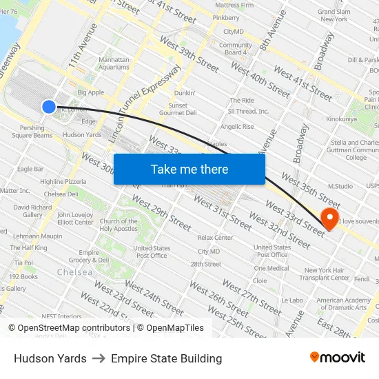 Hudson Yards to Empire State Building map