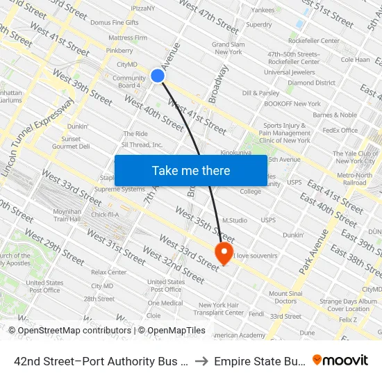42nd Street–Port Authority Bus Terminal to Empire State Building map