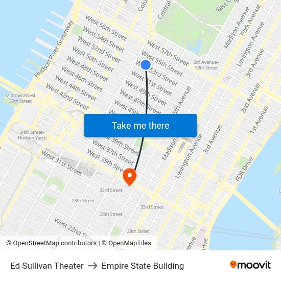 Ed Sullivan Theater to Empire State Building map