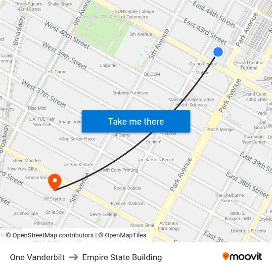 One Vanderbilt to Empire State Building map