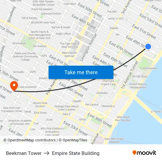 Beekman Tower to Empire State Building map