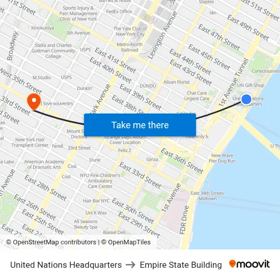 United Nations Headquarters to Empire State Building map
