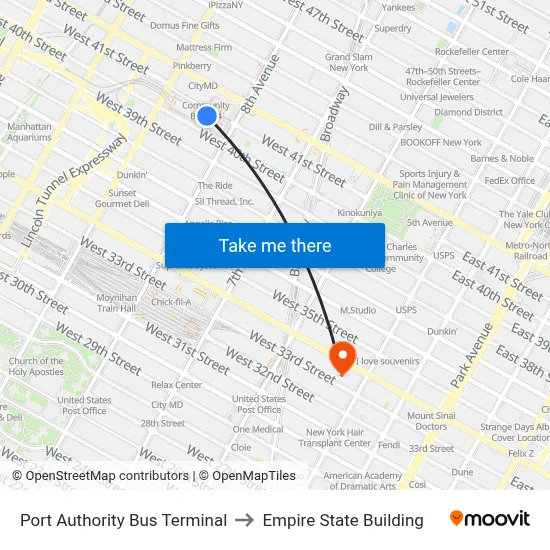 Port Authority Bus Terminal to Empire State Building map