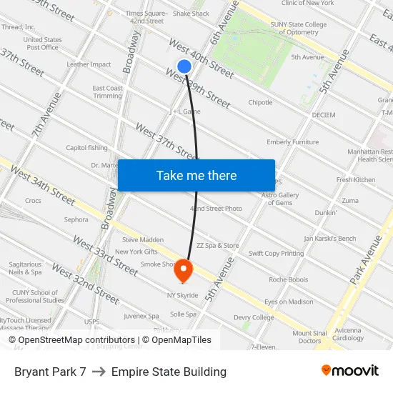 Bryant Park 7 to Empire State Building map