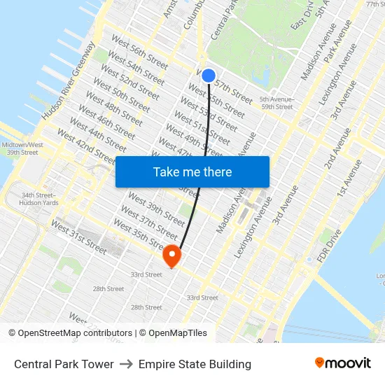 Central Park Tower to Empire State Building map
