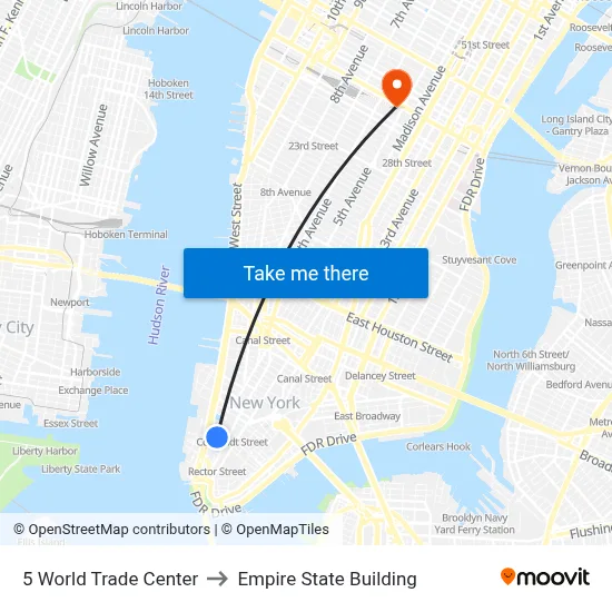 5 World Trade Center to Empire State Building map