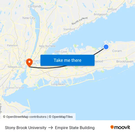 Stony Brook University to Empire State Building map