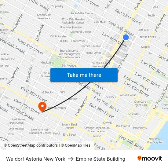Waldorf Astoria New York to Empire State Building map