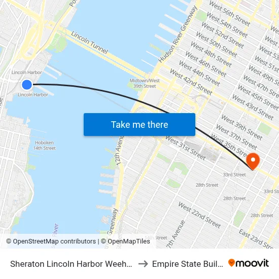 Sheraton Lincoln Harbor Weehawken to Empire State Building map
