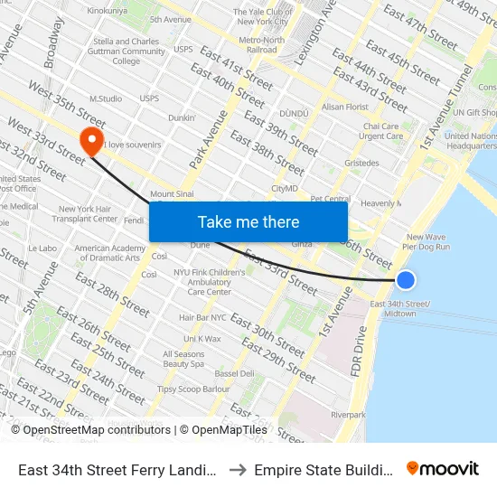East 34th Street Ferry Landing to Empire State Building map