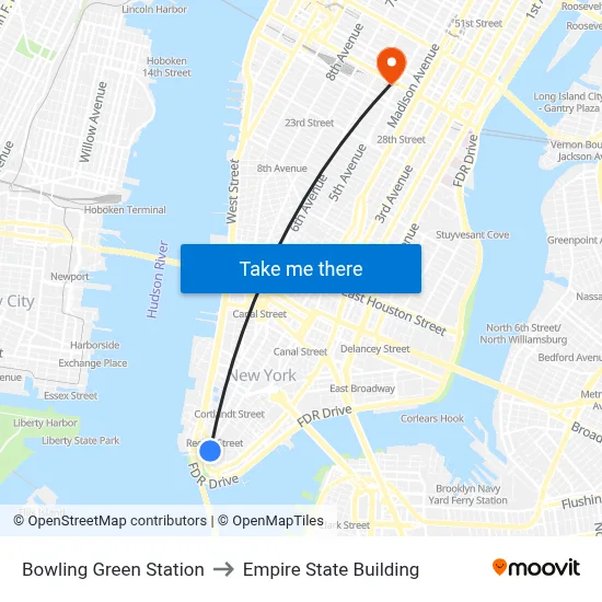 Bowling Green Station to Empire State Building map