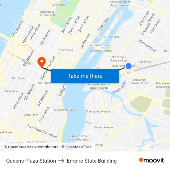 Queens Plaza Station to Empire State Building map
