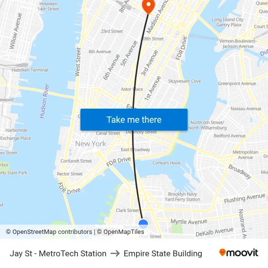 Jay St - MetroTech Station to Empire State Building map