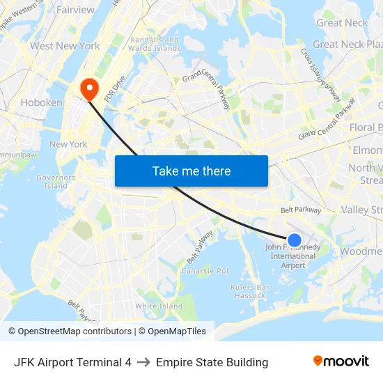 JFK Airport Terminal 4 to Empire State Building map