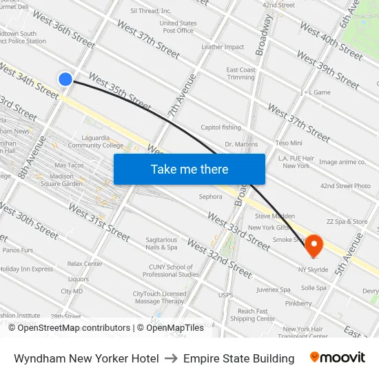 Wyndham New Yorker Hotel to Empire State Building map