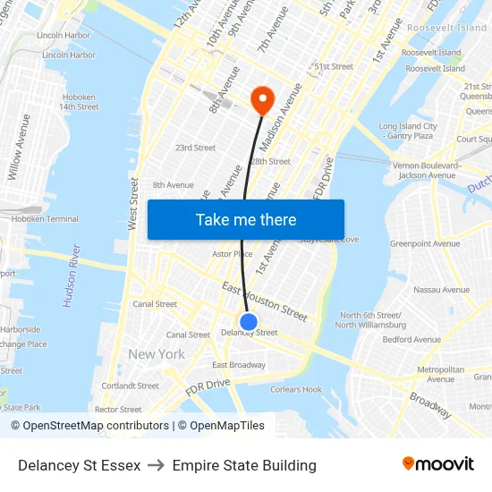 Delancey St Essex, New York, NY 10002 to Empire State Building map