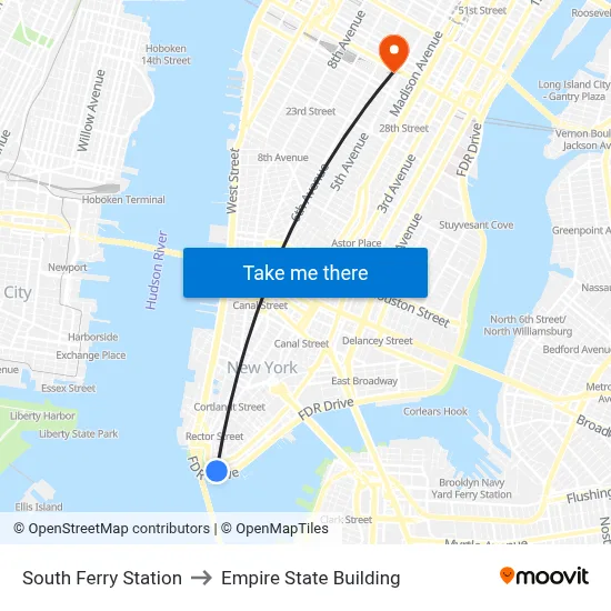 South Ferry Station to Empire State Building map